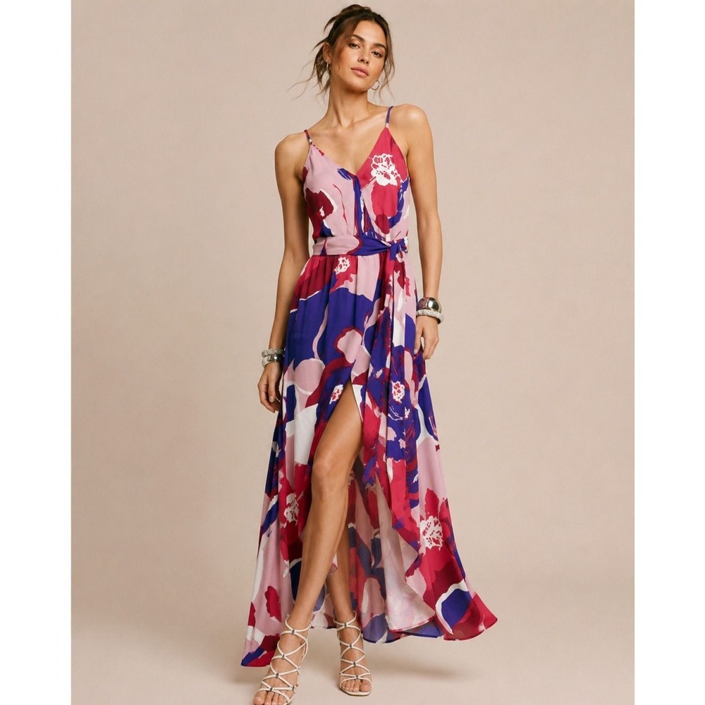 Karina Grimaldi XS Floral Maxi Dress High Low Slit Tie Waist